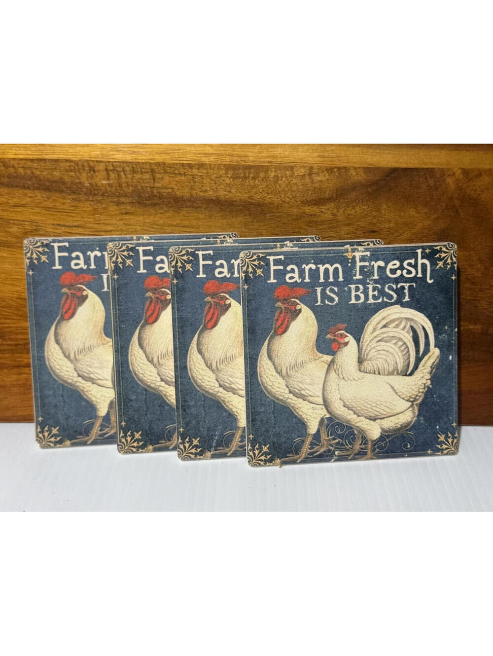 COASTERS Chickens & Roosters farmhouse style Cork Backing 4pk Farm Fresh is Best